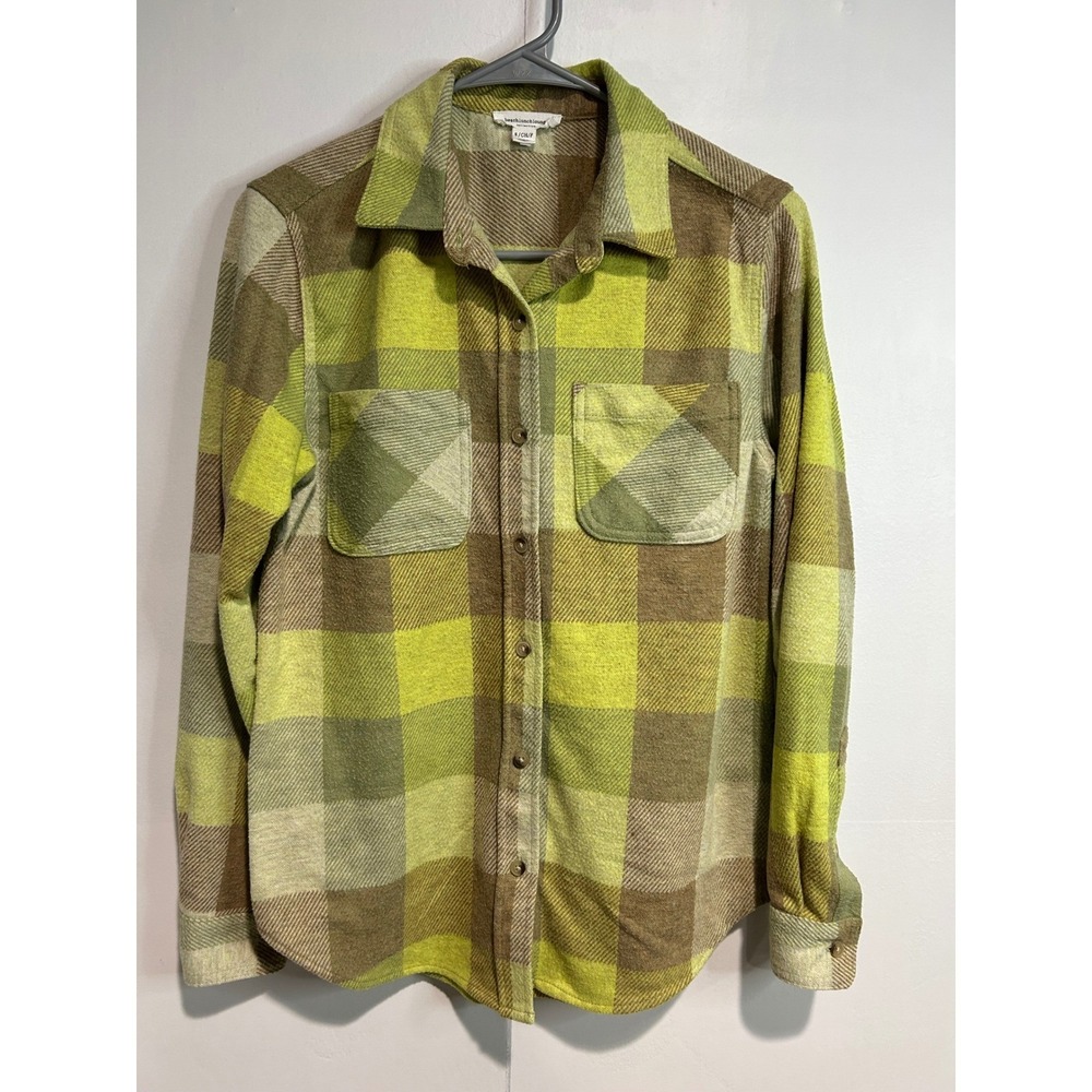 beachlunchlounge Plaid Button Down Shirt Womens Small Green Brown Long Sleeve